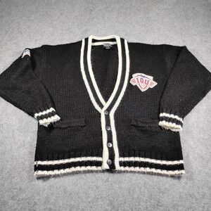 Vintage I.O.U. Club Mens XL Cardigan Sweater Black White Varsity Patch 90s Korea